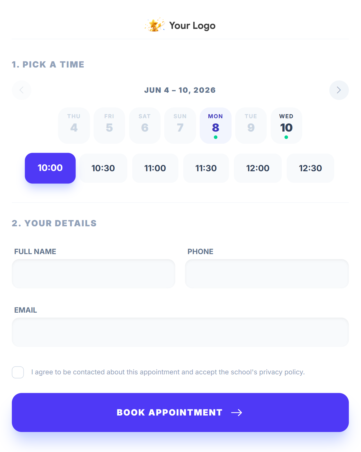 Public booking page — available time slot picker, contact form with name/email/phone fields and GDPR consent