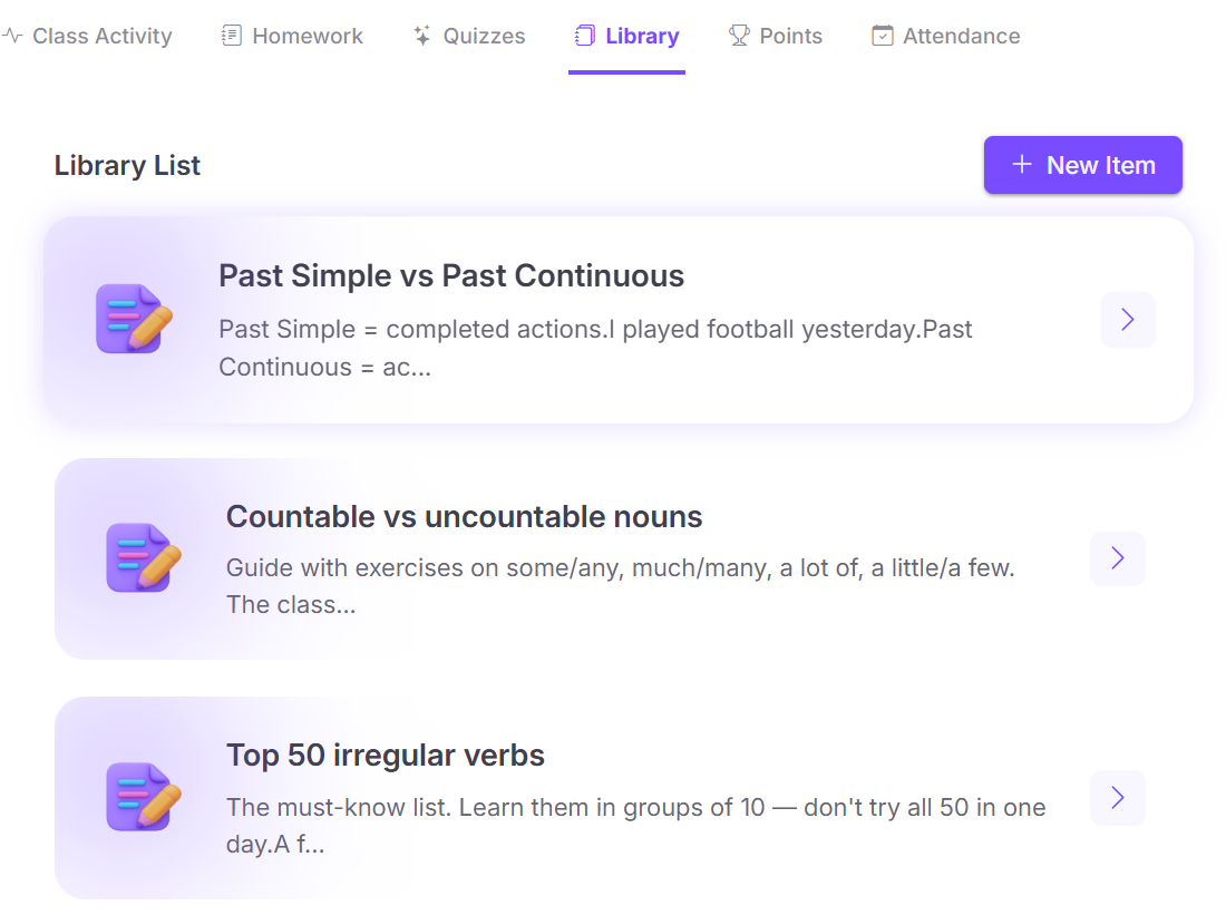 Class library tab — notes and materials organised per class