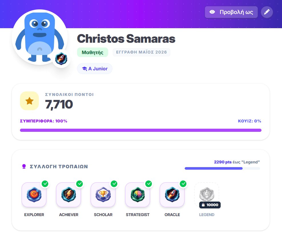 Student profile — badge progression from Explorer to Legend