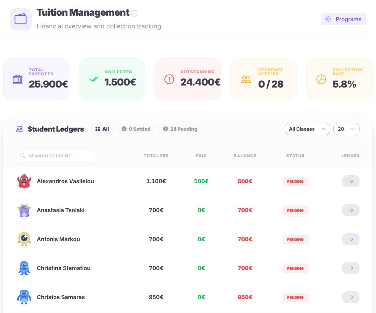 Tuition management — per-student payment status and balances at a glance