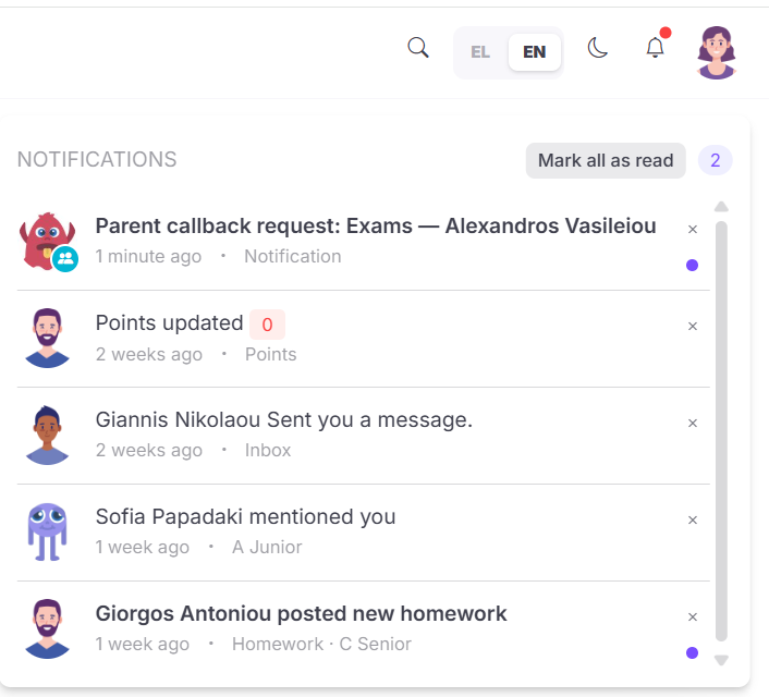 Teacher's incoming requests — pending parent requests with topic tags and student names