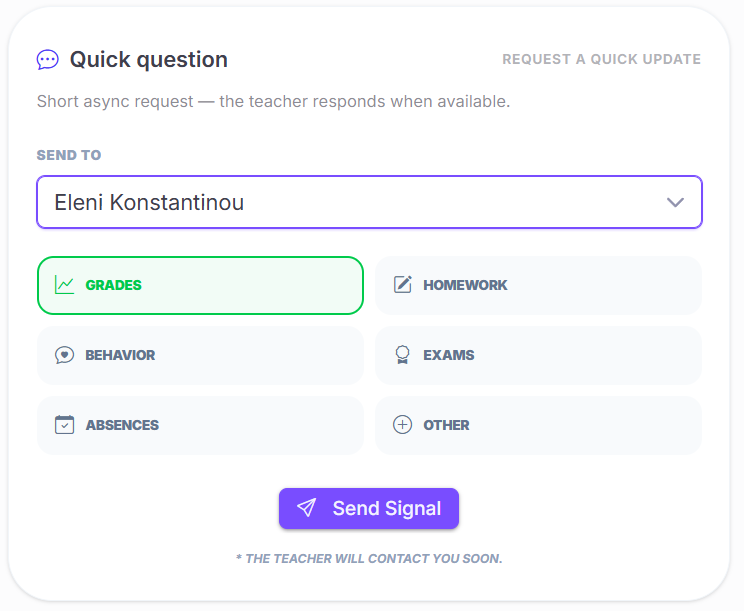 Parent request form — topic selector and teacher picker, ready to send with one tap
