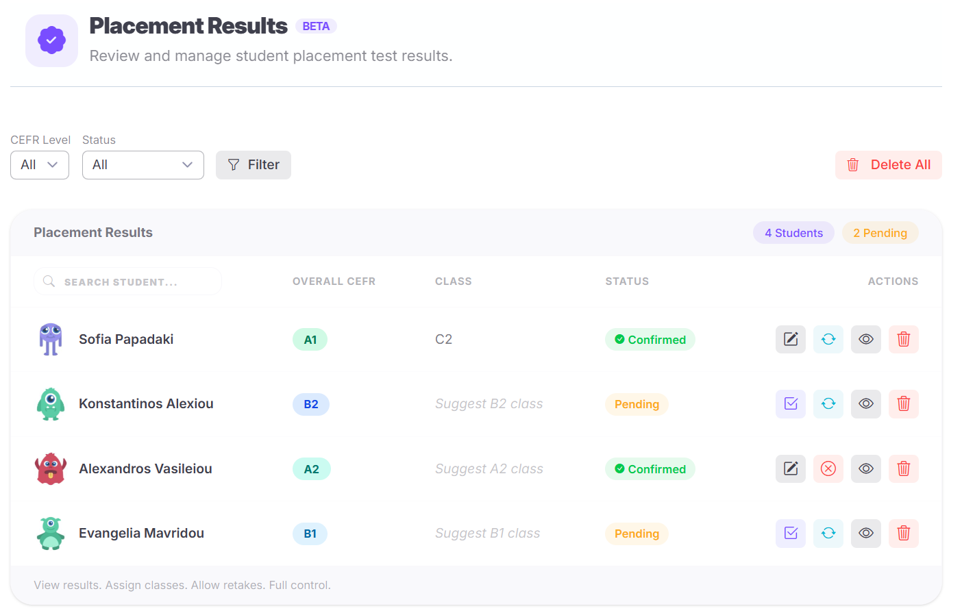 Placement test results — CEFR level per student with class recommendation