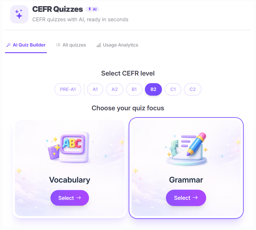 Step 1 — CEFR level and quiz type