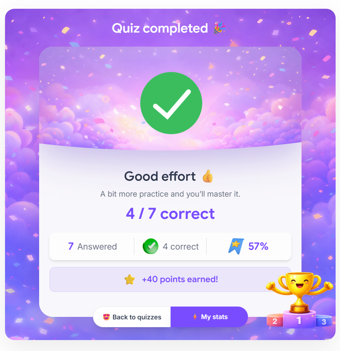 Μαθητής — αποτελέσματα quiz αμέσως μετά την ολοκλήρωση