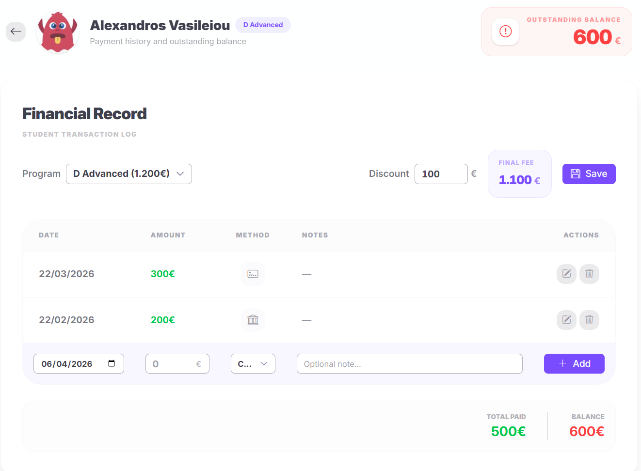 Student financial record — program, discount, final fee, payment history with dates and methods, total paid and outstanding balance